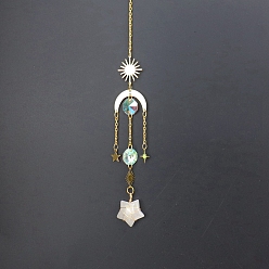 Quartz Crystal Natural Quartz Crystal Star Sun Catcher Hanging Ornaments with Brass Sun, for Home, Garden Decoration, Golden, 400mm