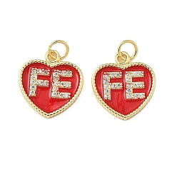 Красный Латунные микро проложить кубического циркония подвески, с эмалью, стойки покрытие, сердце со словом fe, без свинца и без кадмия, долговечный, с целью перехода в кольце, реальный 18 k позолоченный, красные, 16.5x15x2.5 мм, отверстие : 3.5 мм