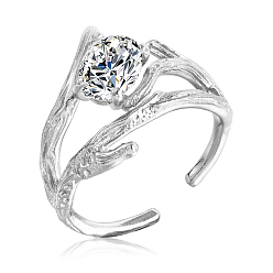 Platinum Anti-Tarnish Rhodium Plated 925 Sterling Silver Branch Open Cuff Ring, Clear Cubic Zirconia Hollow Ring for Women, Platinum, US Size 5 1/4(15.9mm)