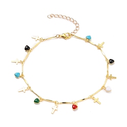 Golden Brass Enamel Charm Anklets, with Bar Link Chains and Lobster Claw Clasps, Heart and Cross, Colorful, Golden, 9-7/8 inch(25cm)