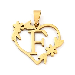 Letter F Ионное покрытие (ip) 201 подвески из нержавеющей стали, сердце с подвесками в виде букв, золотые, Буква F, 23x25x1.5 мм, отверстие : 7.5x3.5 мм