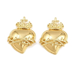 Golden Brass Pendants, Sacred Heart with Thorns and Cross Charms, Long-Lasting Plated, Rack Plating, Cadmium Free & Lead Free, Golden, 24x18x6mm, Hole: 1.8x3mm