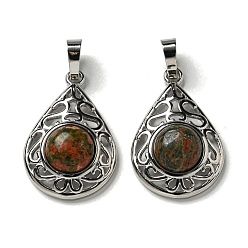 Унакит Природные подвески Unakite, покрытие стойки латунные полые слезы подвески, без кадмия и без свинца, платина, 29.5x19.5x7.5 мм, отверстие : 7.5x5 мм