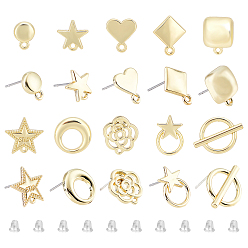 Light Gold 40Pcs 10 Style Alloy Stud Earring Findings, with Loop and Steel Pin, with Plastic Protective Cover, 50Pcs Plastic Ear Nuts, Star & Flower & Heart & Flat Round & Ring & Square, Light Gold, 10~16.5x7.5~14mm, Hole: 1~7mm, Pin: 0.7~0.8mm, 4pcs/style