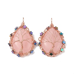 Rose Quartz Natural Rose Quartz Big Pendants, Teardrop Charms, with Rack Plating Rose Gold Plated Copper Wire Tree and Non-magnetic Hematite Star Beads, Cadmium Free & Lead Free, 63~65x39~43x9~11mm, Hole: 6~6.5x4.5~5mm
