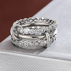 Silver Brass Micro Pave Cubic Zirconia Finger Rings, Heart, Stackable Rings, Silver, US Size 7(17.3mm)