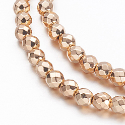 Rose Gold Plated Electroplate Non-magnetic Synthetic Hematite Beads Strands, Faceted(64 Facets), Round, Light Rose Gold Plated, 4mm, Hole: 1mm, about 98pcs/strand, 15.7 inch