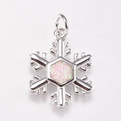 Pearl Pink Brass Pendants, with Synthetic Opal, Snowflake, Platinum, Pearl Pink, 20.5x15.5x2mm, Hole: 4mm