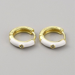 White Enamel Hoop Earrings with Clear Cubic Zirconia, Light Gold Brass Jewelry for Women, White, 12.5x13.5x3mm, Pin: 1mm