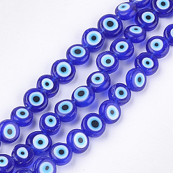 Blue Handmade Evil Eye Lampwork Beads Strands, Flat Round, Blue, 7.5x3mm, Hole: 1mm, about 48pcs/strand, 13.7 inch~14.9 inch
