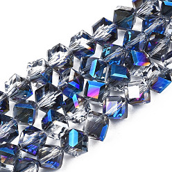 Medium Blue Electroplate Transparent Glass Beads Strands, Half Plated, Faceted, Diagonal Cube Beads, Medium Blue, 8.5x9.5x9.5mm, Hole: 1.5mm, about 68~70pcs/strand, 22.44~22.04 inch(57~56cm)