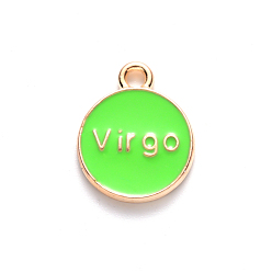 Virgo Alloy Enamel Pendants, Cadmium Free & Lead Free, Flat Round with Constellation, Light Gold, Pale Green, Virgo, 22x18x2mm, Hole: 1.5mm