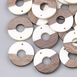 White Resin & Walnut Wood Pendants, Donut/Pi Disc, White, 28x4mm, Hole: 1.5mm