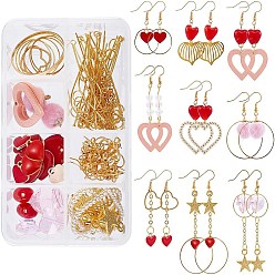 Color mezclado Kits para hacer aretes con forma de corazón, incluido 304 anillo de enlace de acero inoxidable, anillos de unión de latón y ganchos para pendientes, Colgantes de aleación y madera y hierro, Perlas de vidrio, color mezclado
