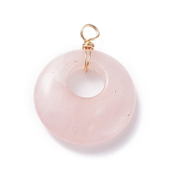 Rose Quartz Natural Rose Quartz Pendants, with Light Gold Tone Copper Wire Wrapped, Donut, 35x27.5x7mm, Hole: 4mm