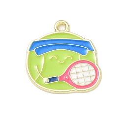 Smiling Face Tennis Alloy Enamel Pendants, Golden, Smiling Face with Racket Charms, 20.5x19.5x1.5mm, Hole: 1.8mm