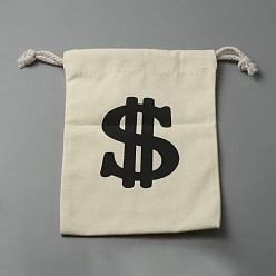 Beige Canvas Drawstring Bags, with Cotton Rope, Rectangle with Dollar Sign, Beige, 24.6x17.8x0.6cm