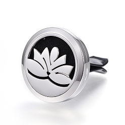Black 316 Surgical Stainless Steel Car Diffuser Locket Clips, with Perfume Pad and Magnetic Clasps, Flat Round with Lotus, Black, 30x7mm