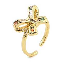 Настоящее золото 18K Манжеты из латуни с микро паве кубический цирконий для женщин, без кадмия, без никеля и без свинца, со стеклом, бантом, реальный 18 k позолоченный, 12.5x18 мм, внутренний диаметр: 17.5 мм