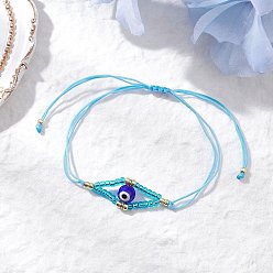 Светло-Голубой Регулируемые браслеты из нейлонового шнура с плетеными бусинами, браслеты из бусин от сглаза для женщин, со стеклянными бисеринами, Небесно-голубой, внутренний диаметр: 3-3/8 дюйм (8.5 см)