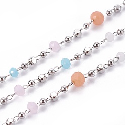 Разноцветный Ручной цепи стекло бисером, пайки, с медными цепями и бусами, долговечный, с катушкой, граненые, шайба, Реальная платина, красочный, 1.5x1.5x1.5 мм, около 32.8 футов (10 м) / рулон