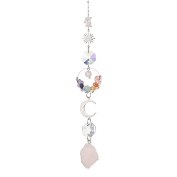 Розовый Кварц Натуральные самородки розового кварца и стеклянные подвесные ловцы солнца, с натуральными драгоценными камнями и 304 звеном из нержавеющей стали в форме солнца и луны, 260~265x26 мм