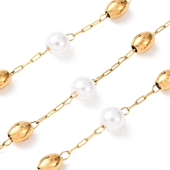 Золотой 304 Цепи из нержавеющей стали с круглыми бусинами и жемчужинами из АБС-пластика, ионное покрытие (ip), пайки, с катушкой, золотые, 4x5 мм