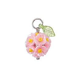 Ярко-Розовый Латунь стекло кулоны, цветок, с акриловыми и смоляными бусинами и 304 соединительными кольцами из нержавеющей стали, ярко-розовый, 17x13.5 мм, отверстие : 4.5 мм