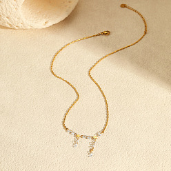 Real 18K Gold Plated 304 Stainless Steel Star Pendant Necklaces with Teardrop Clear Cubic Zirconia Tassel for Women, Real 18K Gold Plated, 17.72 inch(45cm)