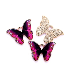 Fuchsia Alloy Enamel Pendants, Butterfly Charms, Light Gold, Fuchsia, 21x15mm