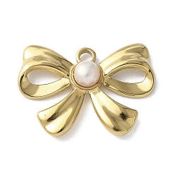 Настоящее золото 18K 304 подвески из нержавеющей стали, с натуральным пресноводным жемчугом, очарование бантом, ионное покрытие (ip), реальный 18 k позолоченный, 20.5x28x6 мм, отверстие : 2.2 мм