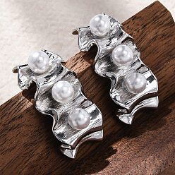 Платина Латунь серьги, с ABS имитации жемчуга, без свинца и без кадмия, долговечный, стойки покрытие, круглые, платина, 25x12 мм