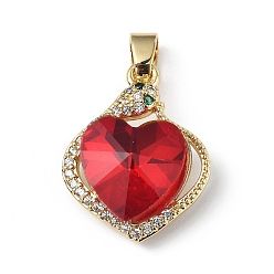 Red Real 18K Gold Plated Rack Plating Brass Micro Pave Clear Cubic Zirconia Pendants, with Glass, Long-Lasting Plated, Cadmium Free & Lead Free, Heart Charm, Red, 21.5x17x8mm, Hole: 5x3.2mm