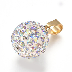 Золотой Модные ювелирные изделия выводы 201 из нержавеющей стали круглые диск шаровые подвески, с кристаллами из полимерной глины и стразами, золотые, 14 мм, отверстие : 6x4 мм