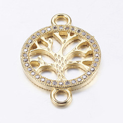Real 18K Gold Plated Brass Micro Pave Cubic Zirconia Links, Clear, Flat Round with Tree of Life, Real 18K Gold Plated, 27x19x2mm, Hole: 3mm