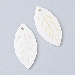 Floral White Freshwater Shell Pendants, Leaf, Floral White, 27.5~28.5x13.5~14.5x1.5~2.5mm, Hole: 1.5~2mm