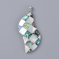 Paua Shell Natural Abalone Shell/Paua Shell and White Shell Big Pendants, Mosaic Pattern, with Platinum Plated Brass Findings, Twist, 50x24.5x4.5mm, Hole: 3.5x4mm