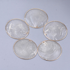 Light Gold Большие подвески из натуральной оболочки Capiz, латунная кромка с покрытием, плоско-круглые, золотой свет, 60x2 мм, отверстие : 1.5 мм