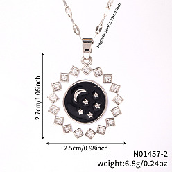 Платина Элегантные латунные подвески с прозрачными кубическими цирконами и подвесками в форме луны, с черной эмалью, идеальный подарок для нее, платина, 15.75 дюйм (40 см)