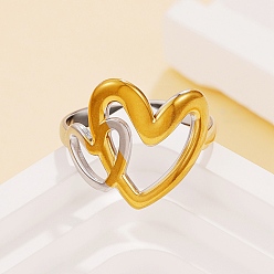 Heart 304 Stainless Steel Cuff Open Rings for Women, Golden & Stainless Steel Color, Heart, 16.5mm, US Size 7 1/4(17.5mm)
