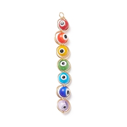 Colorful Wire Wrapped Handmade Evil Eye Lampwork Pendants, with Copper Findings, Round, Colorful, 79x10~11x8mm, Hole: 3mm