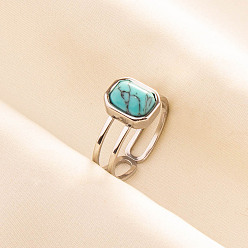 Синтетическая Бирюза Регулируемые 304 манжеты из нержавеющей стали с открытыми кольцами для женщин, прямоугольные, с синтетическими бирюзовый, цвет нержавеющей стали, 10 мм, внутренний диаметр: 17 мм