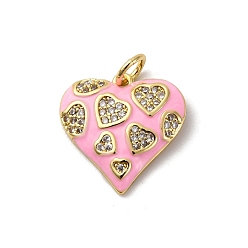Бледно-Розовый Латунь микропаве фианиты с подвесками из эмали, формы сердца, стойки покрытие, без свинца и без кадмия, долговечный, реальный 18 k позолоченный, с целью перехода в кольце, розовый жемчуг, 16x16x2.5 мм, отверстие : 3.5 мм