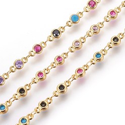 Golden Handmade Beaded Link Chains, Soldered, with Brass Findings and Cubic Zirconia, Flat Round, Colorful, Golden, 8.5x4x1.9mm, about 39.37 inch(1m)/strand
