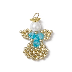 Темно-Голубой Подвески-ангелы из стеклянных бисеров, с круглой стеклянной жемчужиной и 304 соединительными кольцами из нержавеющей стали, глубокое синее небо, 29x18.5x6 мм, отверстие : 3 мм