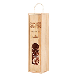 BurlyWood Wood Red Wine Box, with Slide Lid and Window, Rectangle with Building Pattern, BurlyWood, 9.2x9.4x40.5cm