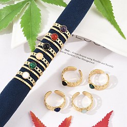 Смешанные камни 304 Открытые манжетные кольца из нержавеющей стали, кольцо из натурального камня для женщин, реальный 18 k позолоченный, ионное покрытие (ip), 8.5 мм, регулируемый