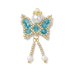 Темно-Голубой Подвески-бабочки из стеклянного бисера, с 304 кольцами из нержавеющей стали и стеклянной круглой бусиной-жемчужиной, глубокое синее небо, 41x23x8 мм, отверстие : 3 мм