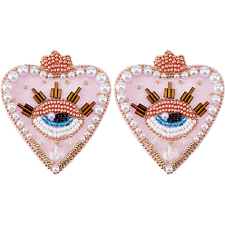 Pink 2Pcs Cloth Computerized Embroidery  Sew on Patches, Sequin Appliques, Costume Accessories, with Beads, Heart & Eye, Pink, 69x62.5x7mm