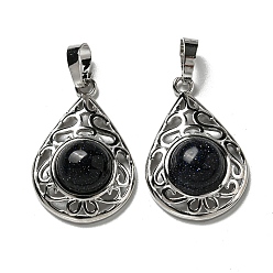 Синий Драгоценный Камень Синтетический синий авантюрин подвески, покрытие стойки латунные полые слезы подвески, без кадмия и без свинца, платина, 29.5x19.5x7.5 мм, отверстие : 7.5x5 мм